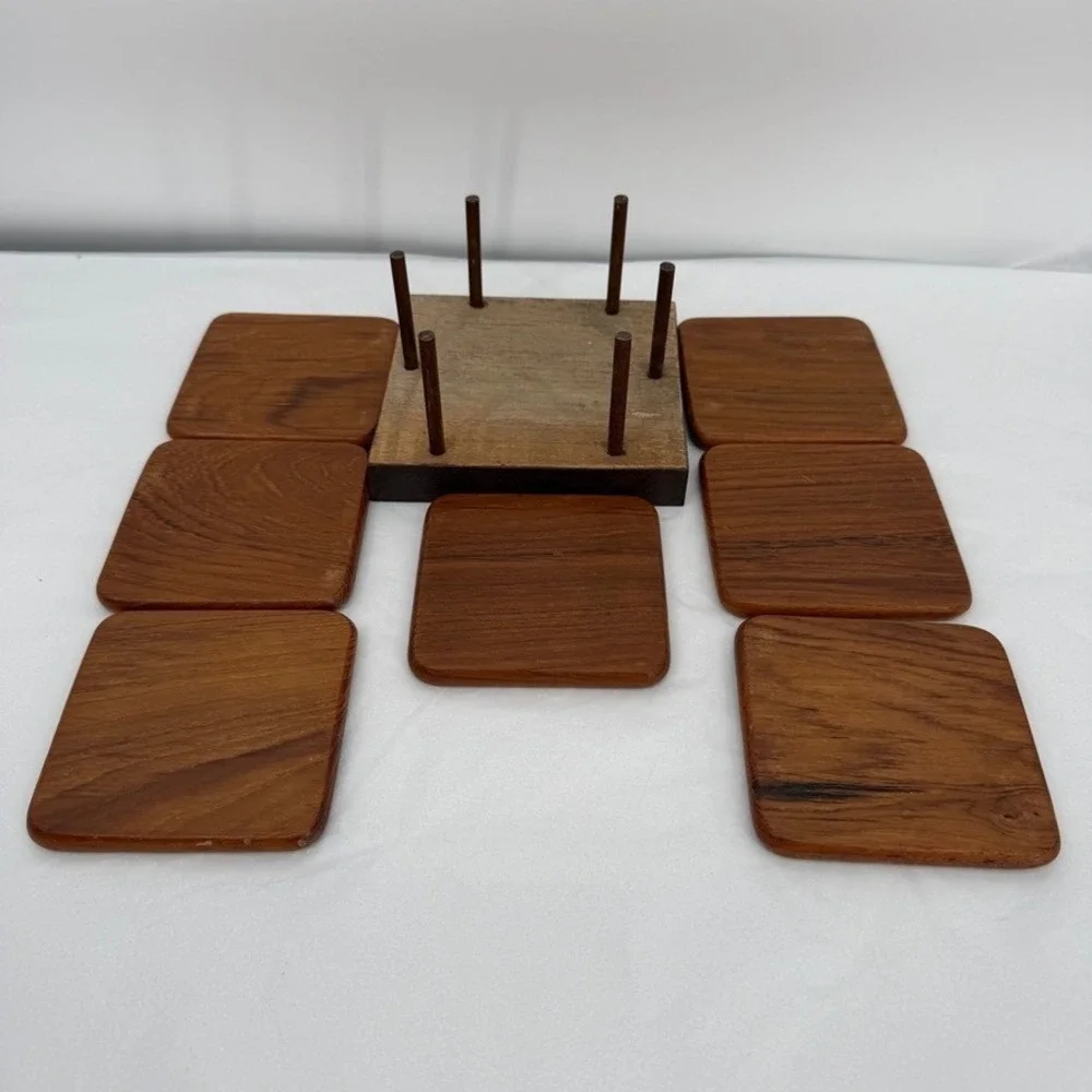 Wood Coaster Set of 7 w/ Holder Concentric Circles MCM Barware Rustic Lodge Core